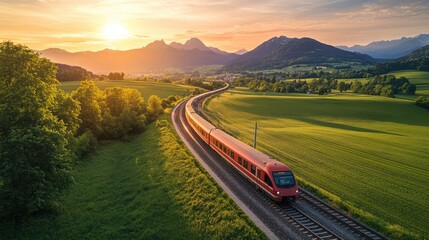 A train speeding through a picturesque landscape, with green fields and mountains in the background, symbolizing efficient rail transport and travel convenience.