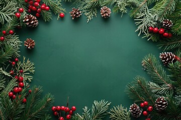 Winter holiday wreath frame with pine branches and red berries