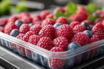 Wall Mural - A close-up of a container filled with fresh raspberries and blueberries.