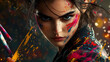 © MakeitEasy - Vibrant warrior woman adorned in paint, battling skilled ninjas in a stylish, dynamic, action-packed scene