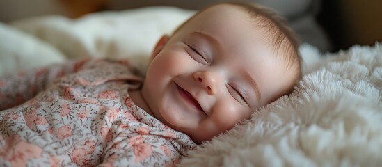 Wall Mural - Adorable baby girl sleeping soundly in a white blanket with a sweet smile on her face.