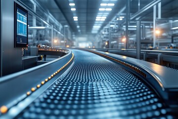 Canvas Print - A close-up view of a modern conveyor belt system in a factory with a focus on the metal construction and lighting.