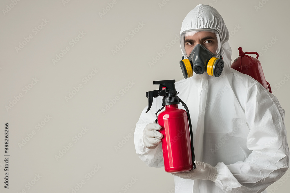 Pest Controllers Mask Pest control worker in a white protective suit and mask, holding a ...