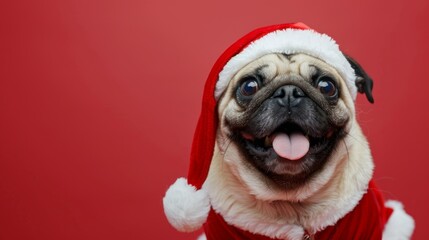 Wall Mural - A pug dog is wearing a Santa hat and smiling