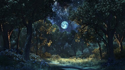 Wall Mural - a dirt path winds through a mystical forest lit by a full moon and stars.