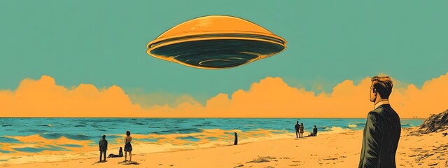 A man in a suit stands on the beach, looking up at an alien flying saucer that is emitting red light over his head