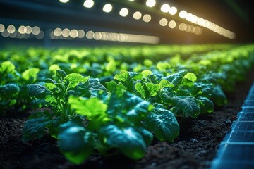 Wall Mural - Green leafy plants growing under artificial lights in a greenhouse.