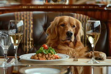 Golden Retriever Dining at Table with Fancy Meal and Wine Glasses in Elegant Restaurant Setting