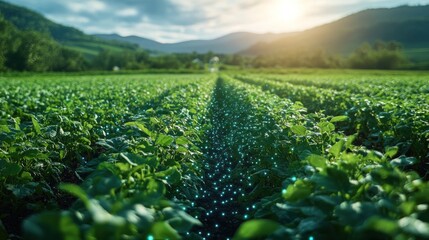 Sticker - A field of green crops with glowing dots in the rows, symbolizing data collection and technology in agriculture.