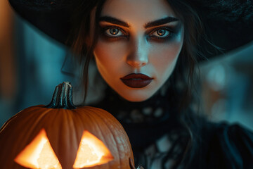 Canvas Print - mysterious person holding glowing pumpkin halloween night design generative ai
