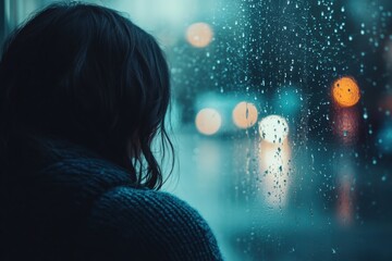 Aufkleber - A solitary individual looks pensively through a rain-covered window as raindrops slide down the glass, evoking feelings of solitude. Generative AI