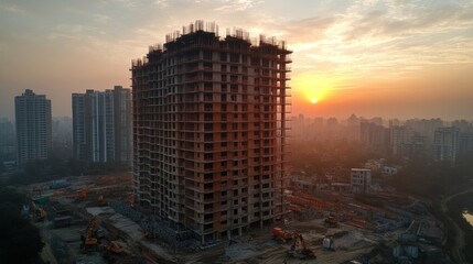 Canvas Print - A high-rise building under construction at sunrise, with other buildings and cranes in the background.