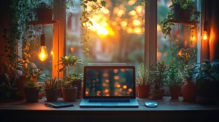 Poster - A laptop computer sits on a window sill with potted plants and string lights, against a backdrop of a sunset through a window.