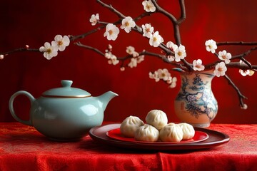 a traditional chinese tea set on a red tablecloth with a plate of tang yuan sweet dumplings balls and a vase with plum blossoms in the background