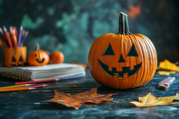 Wall Mural - Kids carving pumpkins at a Halloween event generative AI