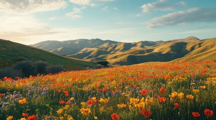 Canvas Print - A Field of Wildflowers Against Rolling Hills Under a Blue Sky