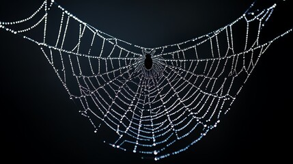 A close-up of a spider web glistening with dew.