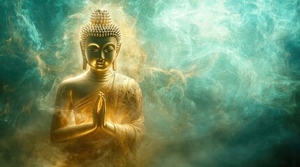 Wall Mural - Beautiful golden Buddha image illuminated by swirling light green rays, standing in a stunning fluffy background of serene divine light