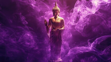 Beautiful golden Lord Buddha standing amidst swirling fluffy purple rays, creating a serene and radiant background with divine light and energy