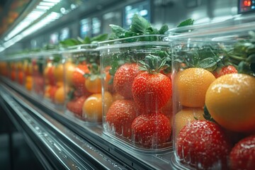 Canvas Print - Rows of clear containers filled with fresh strawberries and oranges on a conveyor belt.