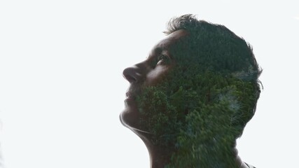 Wall Mural - Isolated combination of the silhouette of a man face and a landscape with mountains. Concept of the connection between man and nature