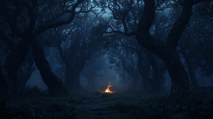 Wall Mural - a lone campfire burns in the middle of a dense, foggy forest at night.