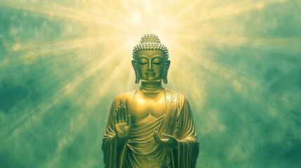 Wall Mural - Majestic golden Buddha standing gracefully, surrounded by fluffy light green rays, creating a radiant background of spiritual harmony