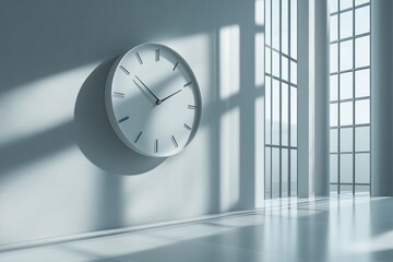 Poster - A large, white clock hangs on a wall in a modern, minimalist room, with sunlight streaming in from large windows.