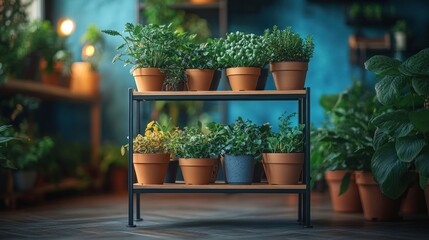 Poster - A metal shelf with potted plants arranged on it, set against a blue wall with other potted plants in the background.