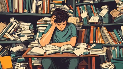 Distracted scholar overwhelmed with work, sitting in a cluttered study room. Cartoon illustration of academic stress.