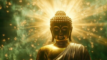 Wall Mural - Stunning golden Lord Buddha surrounded by fluffy light green rays, creating a radiant backdrop of divine light and spiritual tranquility