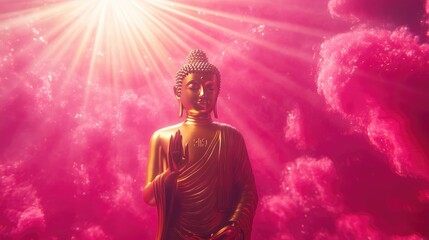 Wall Mural - Stunning image of golden Lord Buddha standing tall, surrounded by fluffy pink rays swirling gracefully in a radiant background