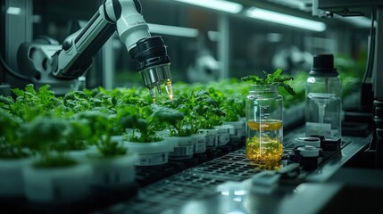 Wall Mural - A robotic arm tending to rows of plants in a laboratory setting.