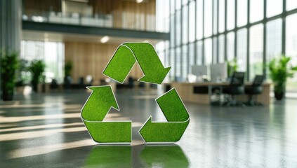 Recycling logo in the background blurred modern office, a concept of doing business and environmentalism