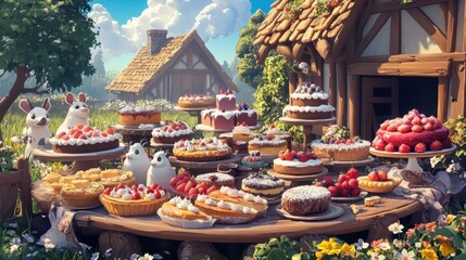 A delicious spread of cakes, pies, and sweets at Cafe, with adorable farm animals lounging near a rustic barn in the background.