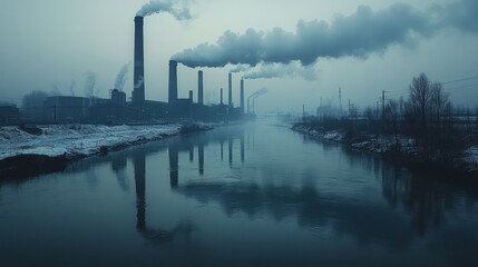 Poster - Industrial smoke stacks spewing pollution into the air over a river on a cold, foggy day.