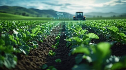 Canvas Print - A tractor drives through a field of crops, with a digital overlay displaying data about the crops.