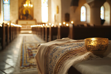 Canvas Print - Serene Synagogue Atmosphere on Yom Kippur with Prayer Shawls  