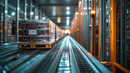 Poster - A pallet of goods moves along a conveyor belt in a large warehouse.