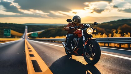 Sleek motorcycle cruising along an open highway under a clear blue sky