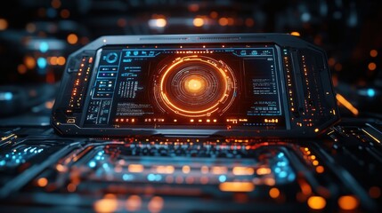 Canvas Print - A futuristic control panel with a glowing orange display and a circular interface.