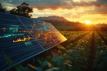 Canvas Print - Solar panels in a field at sunset, with digital display showing energy production.