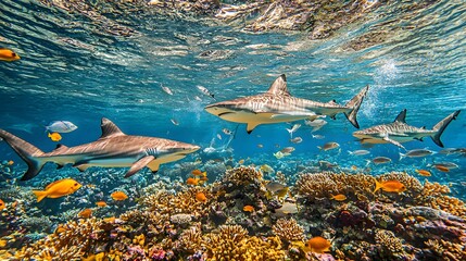 Three majestic sharks swimming gracefully through vibrant coral reef waters.