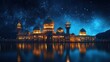 © 69 - Illuminated mosque domes under a sky full of stars, reflecting the peaceful celebration of Eid Al Adha by tranquil waters at night.