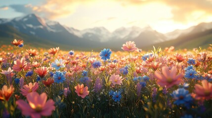 Wall Mural - A field of vibrant wildflowers blooms in the golden light of sunset with a mountain range in the background.