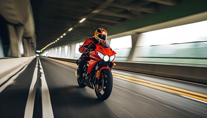 Sleek motorcycle cruising along an open highway under a clear blue sky