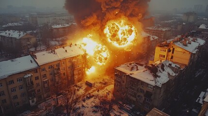 Aerial view of a dramatic explosion impacting city buildings.