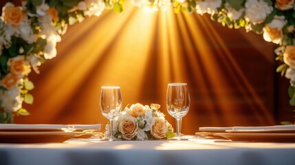 Intimate Dinner Setting with Floral Arc and Soft Lighting