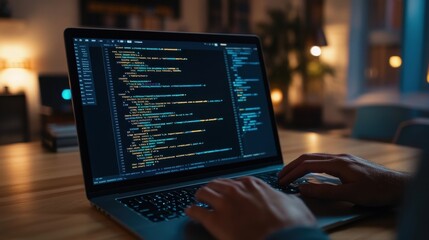 Laptop screen displaying code, with a tech programmer typing, representing cloud computing and cybersecurity.