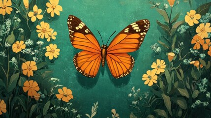 Canvas Print - A Monarch Butterfly Amidst Yellow Flowers on a Green Background